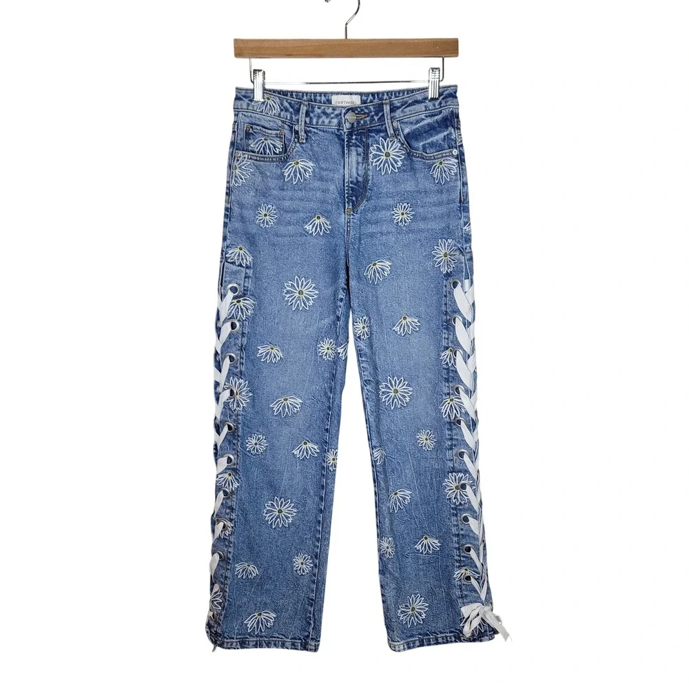 Driftwood Floral Embroidered Lace-Up Jeans Size 26 Y2K Boho Western Festival - Picture 2 of 8